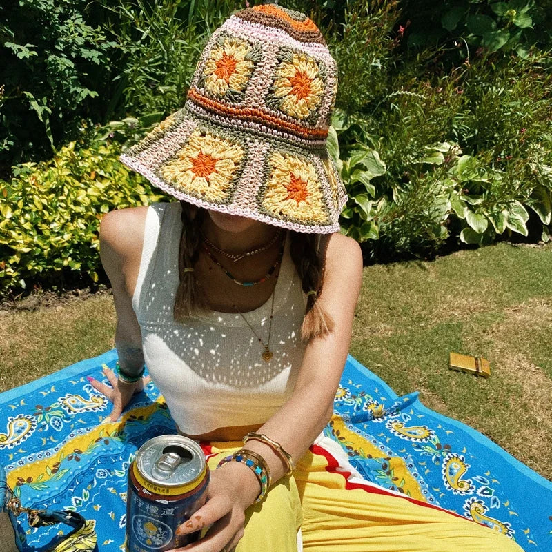 Bright Colored Floweed Crocheted Fisherman Hat