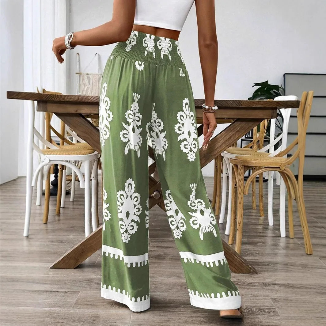 Bohemian Wide Leg Pants, Tall Elastic Waist, Casual, Comfortable