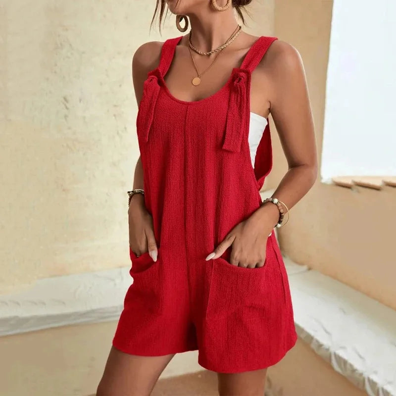 Sizes to 3XL, Short Jumpsuit, Loose Overall style, Solid Sleeveless Lace up Straps, Wide Leg Shorts with Pockets