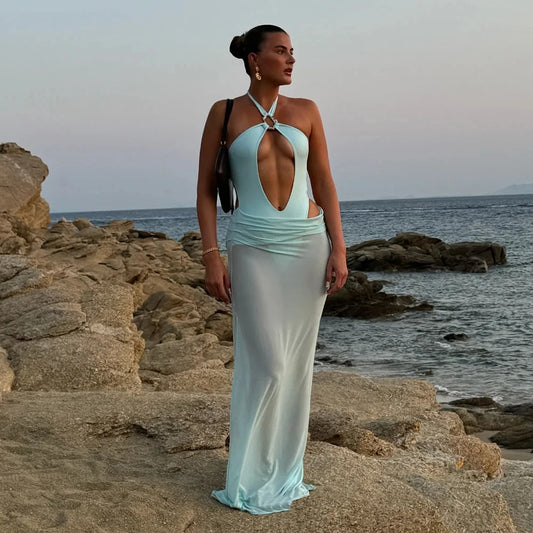 Two Pieces Hollowed Out Swimsuit With Long Skirt Cover Up