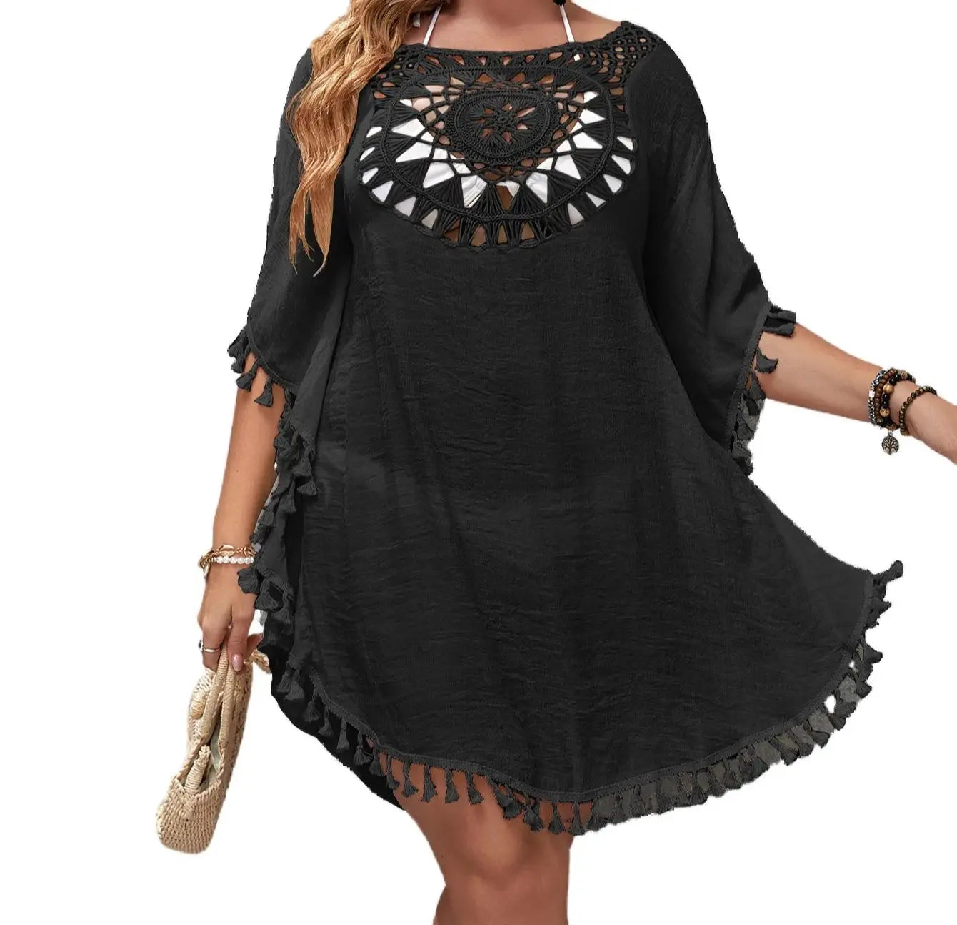 To 3XL CROCHET BIKINI-Plus Size Beach Tunic for Women, Swimwear, Sun Protection Clothes, Cover Up Swim Dress