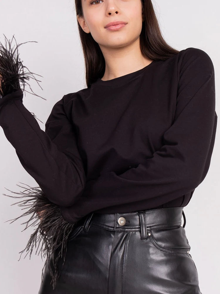 Chic T Shirt Spring Casual O Neck Solid Simple Loose Top split feathers on sleeves