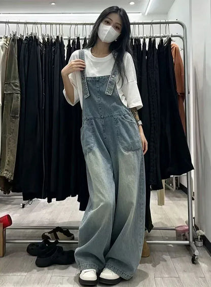 Retro Light Wash Denim Overalls for  Loose High Waist Baggy Leg Jumpsuit with Big Pockets