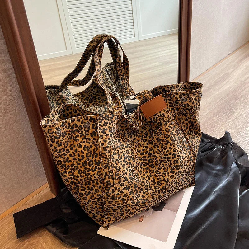 Leopard Pattern Tote Bag Vintage Canvas Shoulder Bag Big Capacity Handbag