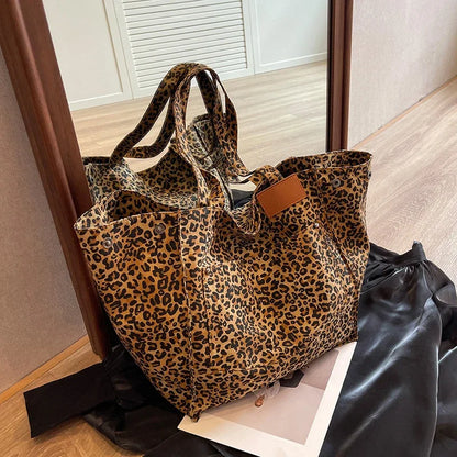 Leopard Pattern Tote Bag Vintage Canvas Shoulder Bag Big Capacity Handbag