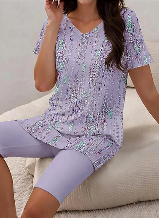 Sizes to 4XL Short-Sleeved Set, V-Neck T-Shirt, Solid Color Elastane Shorts
