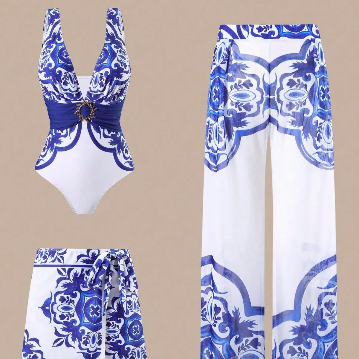 Sexy Three-Piece Swimsuit Set, High Elasticity Backless Swimwear. Skirt and Pants