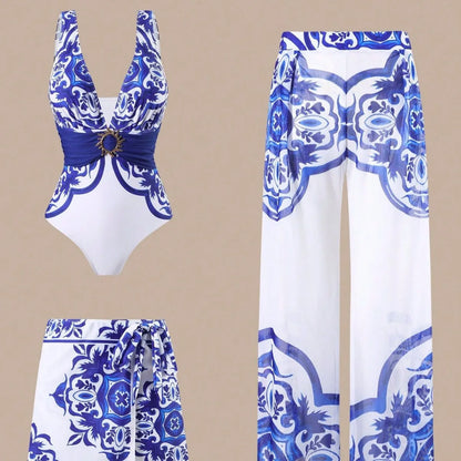 Sexy Three-Piece Swimsuit Set, High Elasticity Backless Swimwear. Skirt and Pants