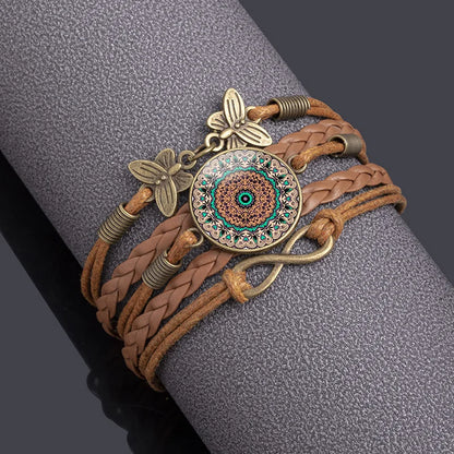 Vintage Mandala Flower Glass Dome Wrap Bracelet Multilayer Woven Leather Bracelets
