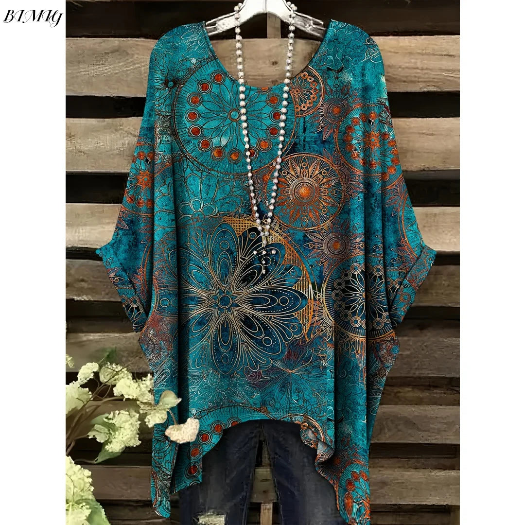 30 Different Style Bohemian Floral Tunics Plus Size to 3XL, 30 Vibrant Colors, Open Round Neck, Hankie Hem, Loose baggy sleeves