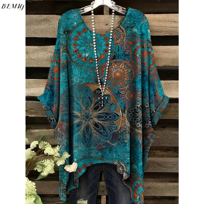 30 Different Style Bohemian Floral Tunics Plus Size to 3XL, 30 Vibrant Colors, Open Round Neck, Hankie Hem, Loose baggy sleeves