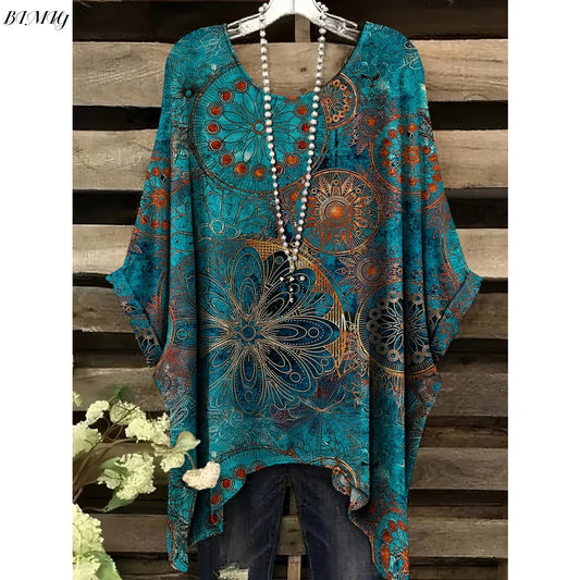 30 Different Style Bohemian Floral Tunics Plus Size to 3XL, 30 Vibrant Colors, Open Round Neck, Hankie Hem, Loose baggy sleeves