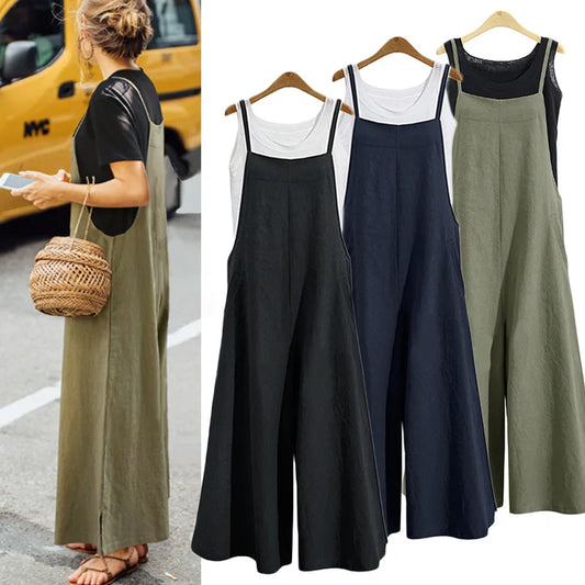 Spaghetti Strapped Jumpsuit to Sizes 5XL. Solid Color, Wide Leg Pants. Bibbed Overalls with Pockets. Casual, Loose, Cotton Linen