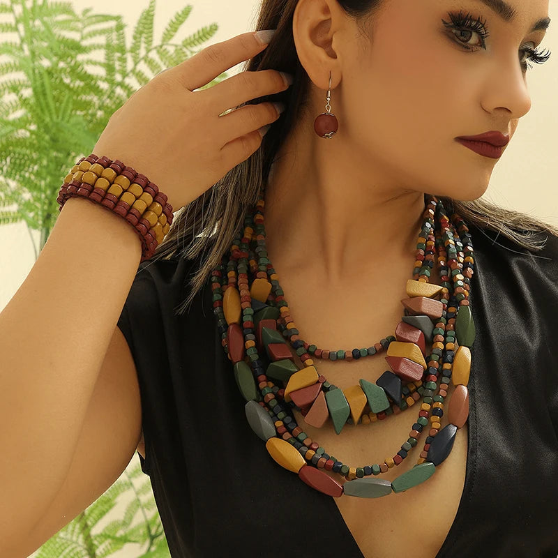 Multi-layered Boho Beaded Necklace Handmade Wooden Beads Necklace Earrings Bracelet Jewelry Set