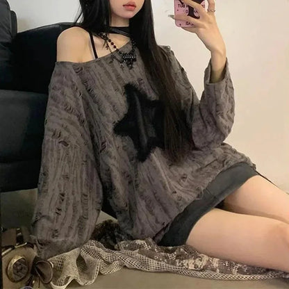 Star Print T-Shirt, Streetwear, Off Shoulder Tops, Oversized, Long Sleeve Loose Tees