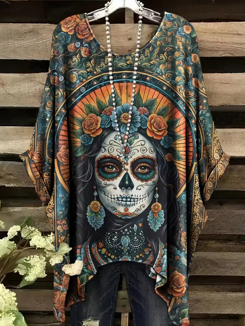 Sizes to 3XL Bohemian Skull Print Loose T-shirt Irregular Hemline O-Neck Short Sleeved Oversize Various designs