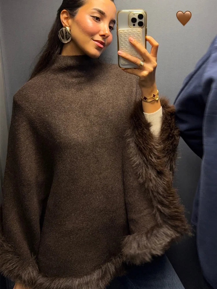 Chic Faux Fur Edged Cape High Collar Casual Loose Knitted