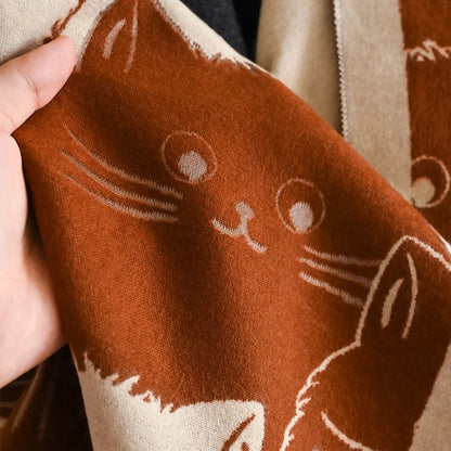 Cute Cat Ladies' Jacquard Pashmina Cashmere Scarf Thick Warm