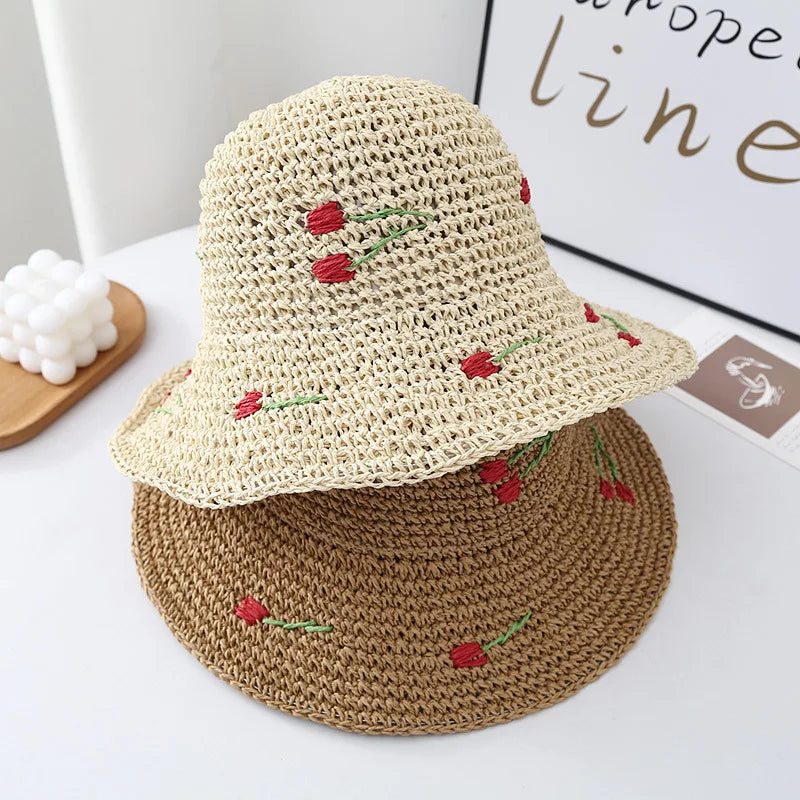 Wide Brim Crocheted Cherry Bucket Hat