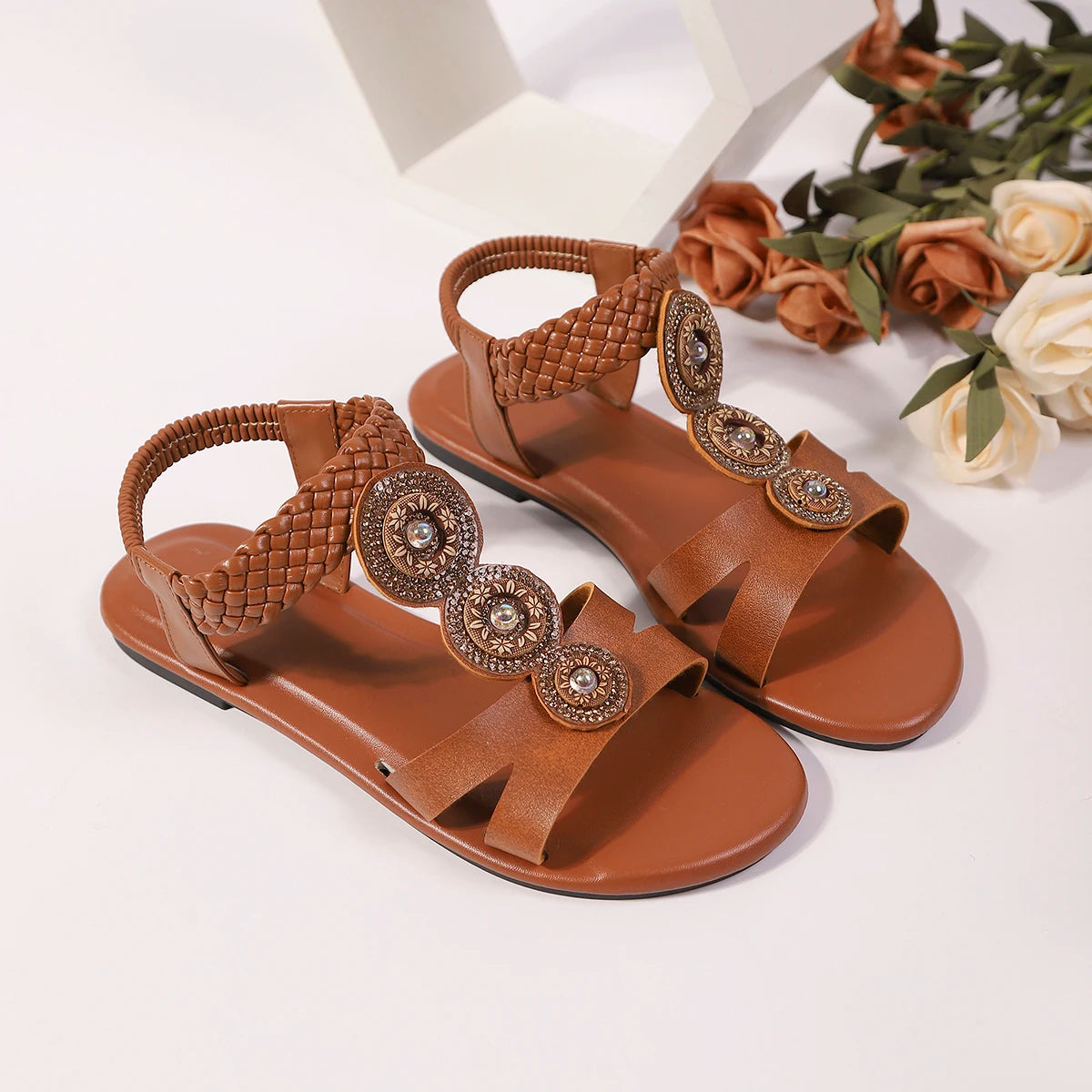 Bohemian Plus Size Beaded Flat Sandals, Open Toe Romanesque Sandals