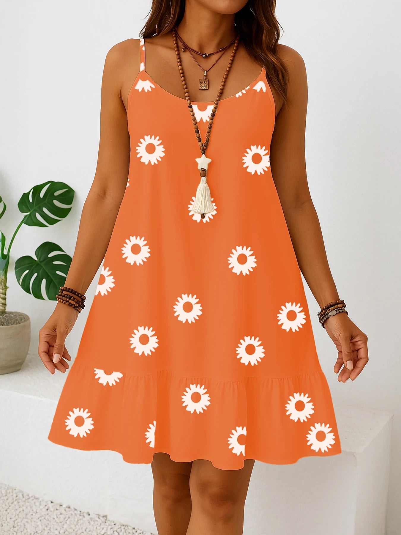 Plus sizes to 5XL sleeveless floral print dress, sun dress with ruffled hem, casual spaghetti straps, and v-neck
