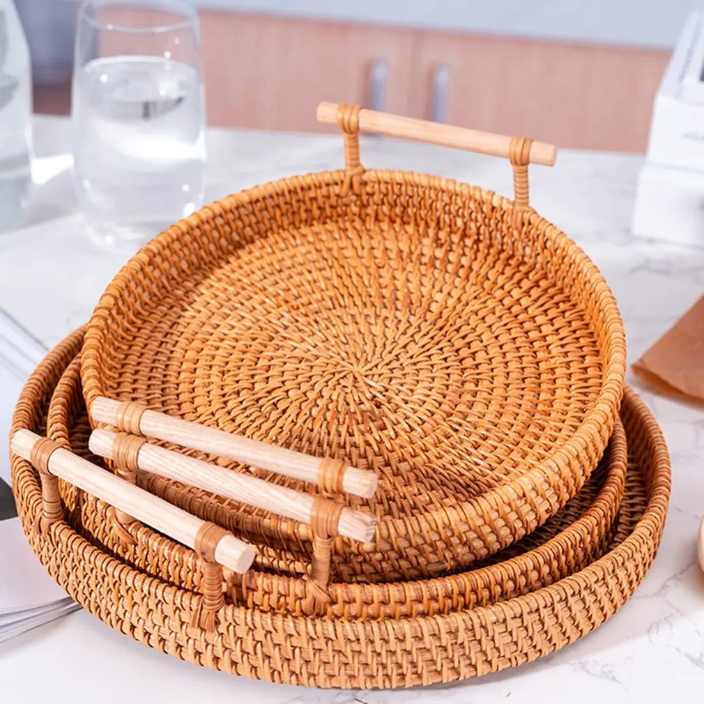 Handwoven Rattan Tray & Food Presentation Basket | Eco-Friendly Kitchen Organizer with Handles