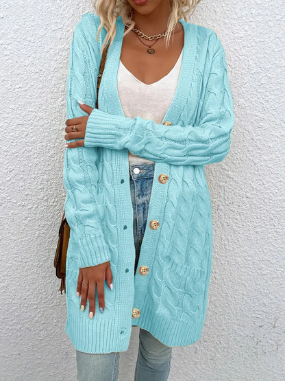 Solid Color Twisted Knit Long Cardigan with Single Buttons and Pockets. Green, Yellow, Turquoise, and White