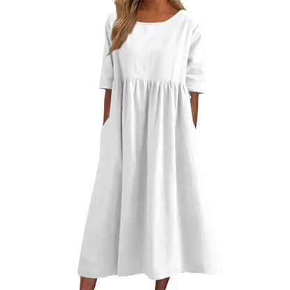 Cotton and Linen Casual Short Sleeves, Pockets, Loose Round Neck
