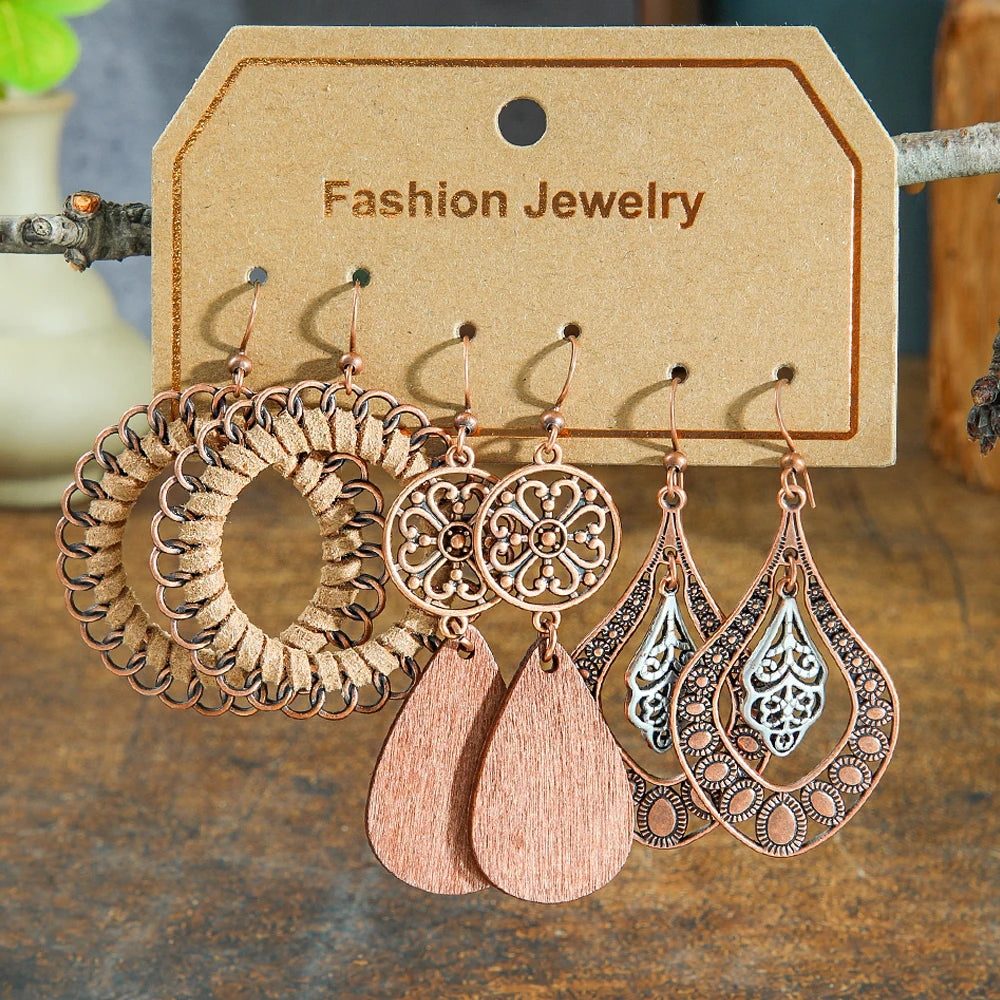 3 Pairs of Boho Vintage Earrings Dangle Earrings with an Ornamental Tribal Element .  7 different pallets