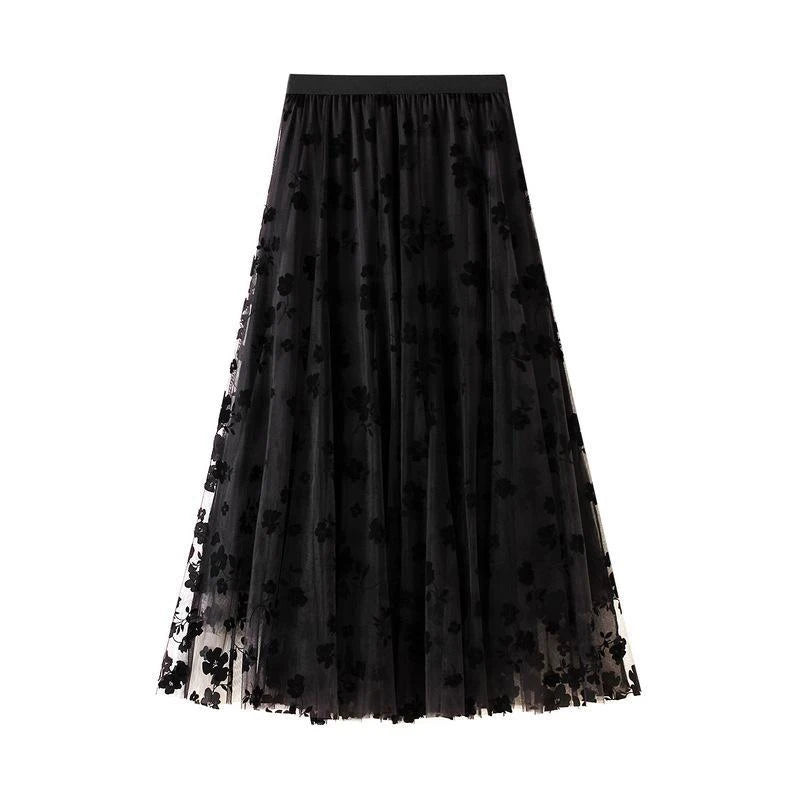 Floral Tulle High-Waisted Gathered Skirts, Elastic Waist, Polyester under Tulle