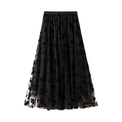 Floral Tulle High-Waisted Gathered Skirts, Elastic Waist, Polyester under Tulle