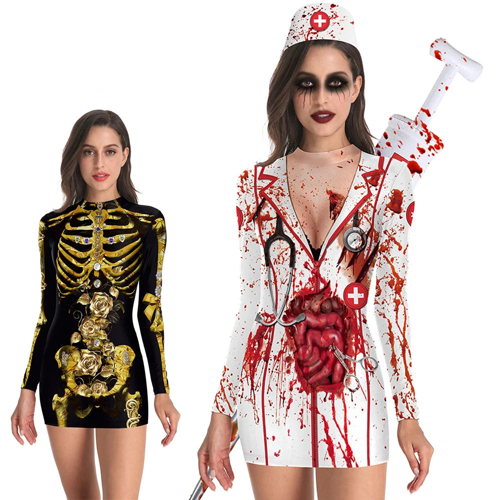 Bloody Nurse Cosplay Costume Dress Long Sleeves Sexy Tight Nurse Uniform and Skeleton Uniform.  Plus others