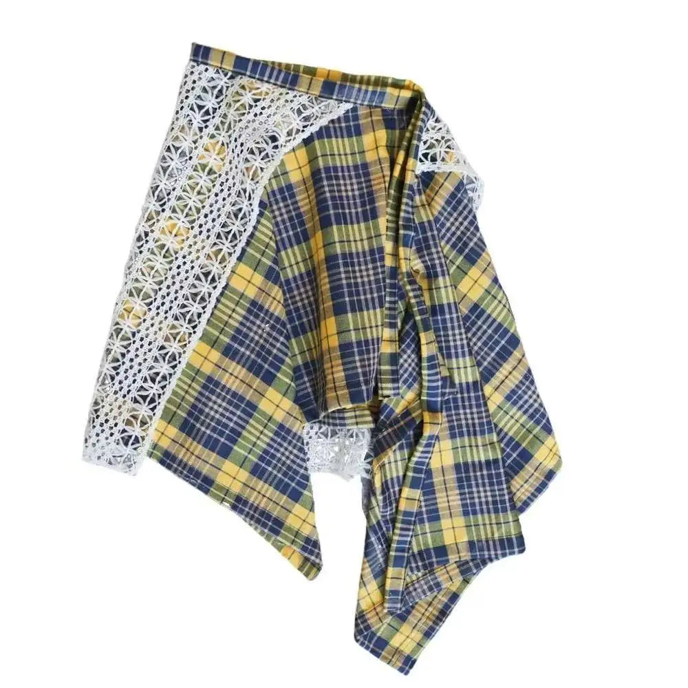 Sporty Street Style with Ruffle and Bow Tie Asymmetrical Hankie Hemline Elastic Waist, Plaid Patterned Skirt--Sizes 58 Centimeter Waist