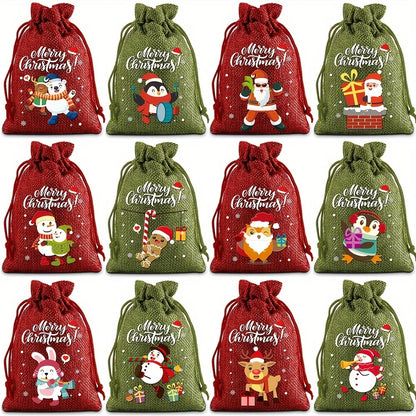 Christmas Drawstring Burlap Gift Bags, 12-Pack, 2 Colors