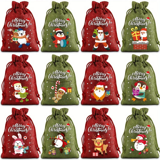 Christmas Drawstring Burlap Gift Bags, 12-Pack, 2 Colors