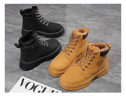 High Top Work Boots, Thick Soled, Lace-Up, Anti-Slip Warm Waterproof Women's Boots in Black and Marigold