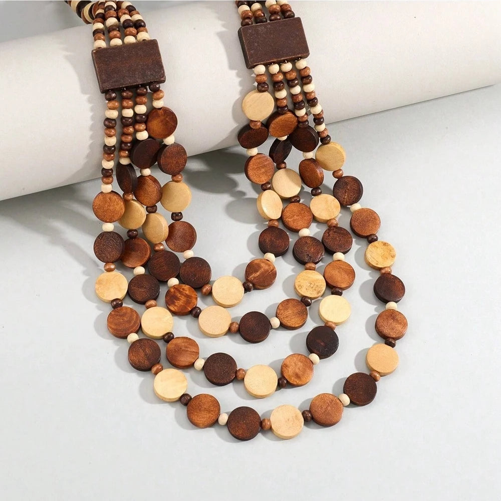 Boho African Jewelry Multi Layered Handmade Round Wooden Beaded Necklace