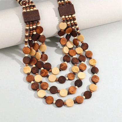 Boho African Jewelry Multi Layered Handmade Round Wooden Beaded Necklace