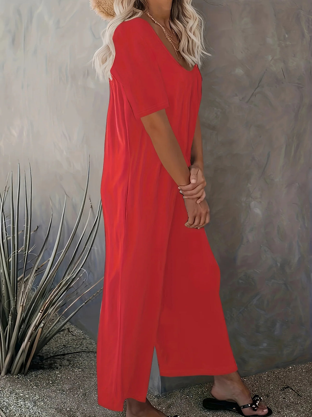 Sizes to 5XL  Jumpsuit, Short Sleeve, U neckline, with pockets. 5 colors