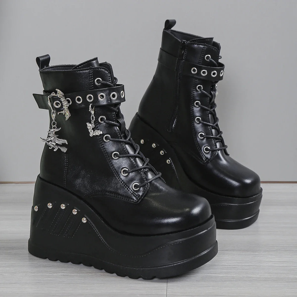 Punk Goth Platform Heels Wedge Heeled Boots, Tie and Strap Closures