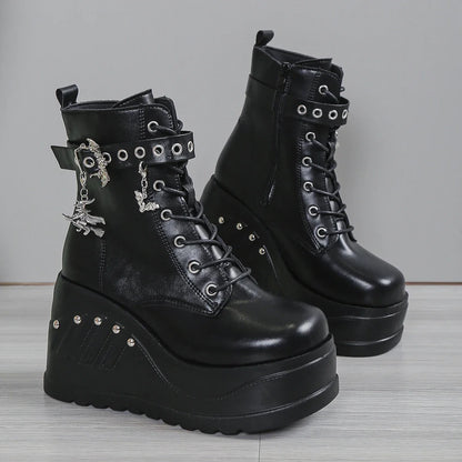 Punk Goth Platform Heels Wedge Heeled Boots, Tie and Strap Closures