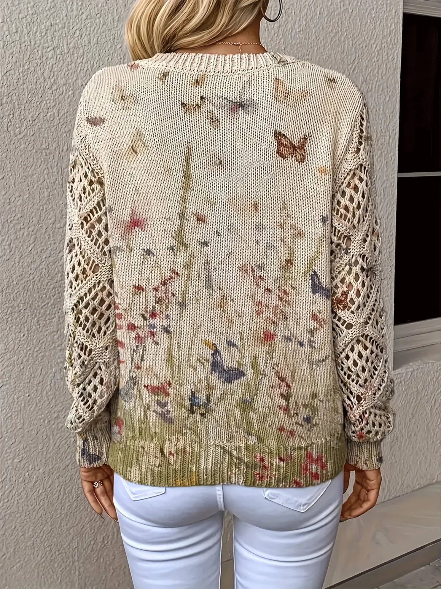 Boho Floral Print V Neck Crocheted Long Sleeved Sweater with Hollowed Out Knit Sleeves in 12 Different Designs