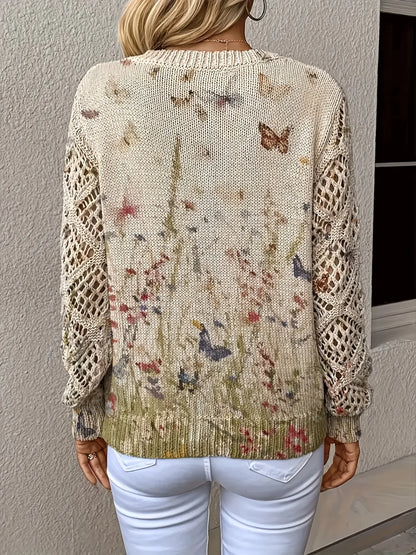 Boho Floral Print V Neck Crocheted Long Sleeved Sweater with Hollowed Out Knit Sleeves in 12 Different Designs