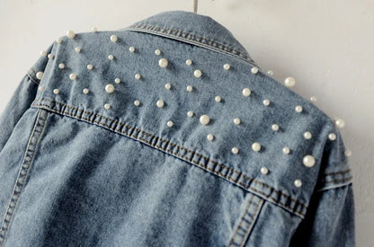To Sizes 5XL Versatile Pearl Cropped Denim Jacket Loose Fit