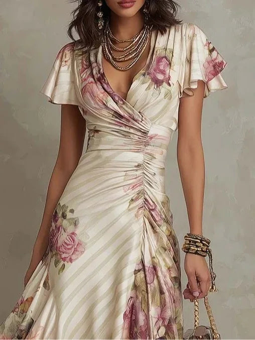 Boho Style Floral Print Midi Dress V Neck High Waist Short Bell Sleeves