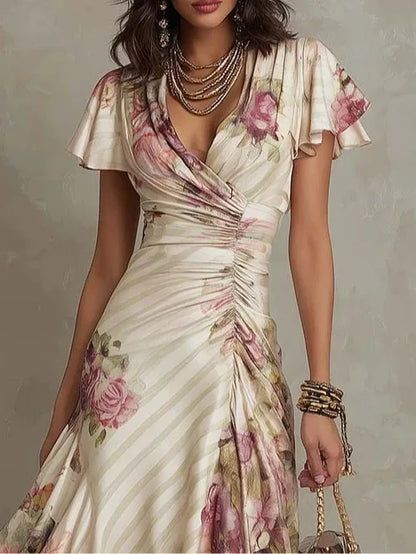 Boho Style Floral Print Midi Dress V Neck High Waist Short Bell Sleeves