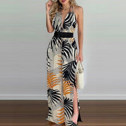 Sizes to 3XL, Colorful print jumpsuits, Sleeveless ,  Plunging V-neck , Halter top, Long Wide pants, Elastic Waist