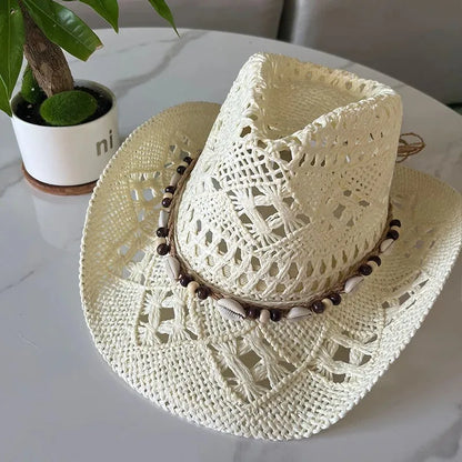 Bohemian 100% Recycles Paper Cowboy Hats with Wooden Beads and Shells Western wear 8 choices