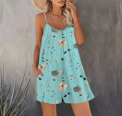 Sizes to 2XL, Boho Bib Shorts, Printed, Sleeveless Jumpsuit, Spaghetti Straps, 11 Different Designs