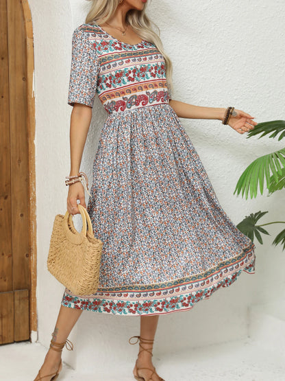 Bohemian To 3XL Print Midi Dress, Round neck, short sleeve, long skirt